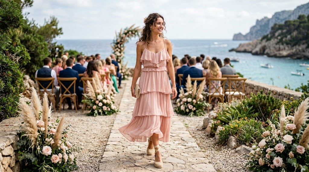 Blush Pink Tiered Georgette Sundress & Woven Espadrille Wedges